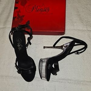 Pleader  Black Satin/Clear size 6